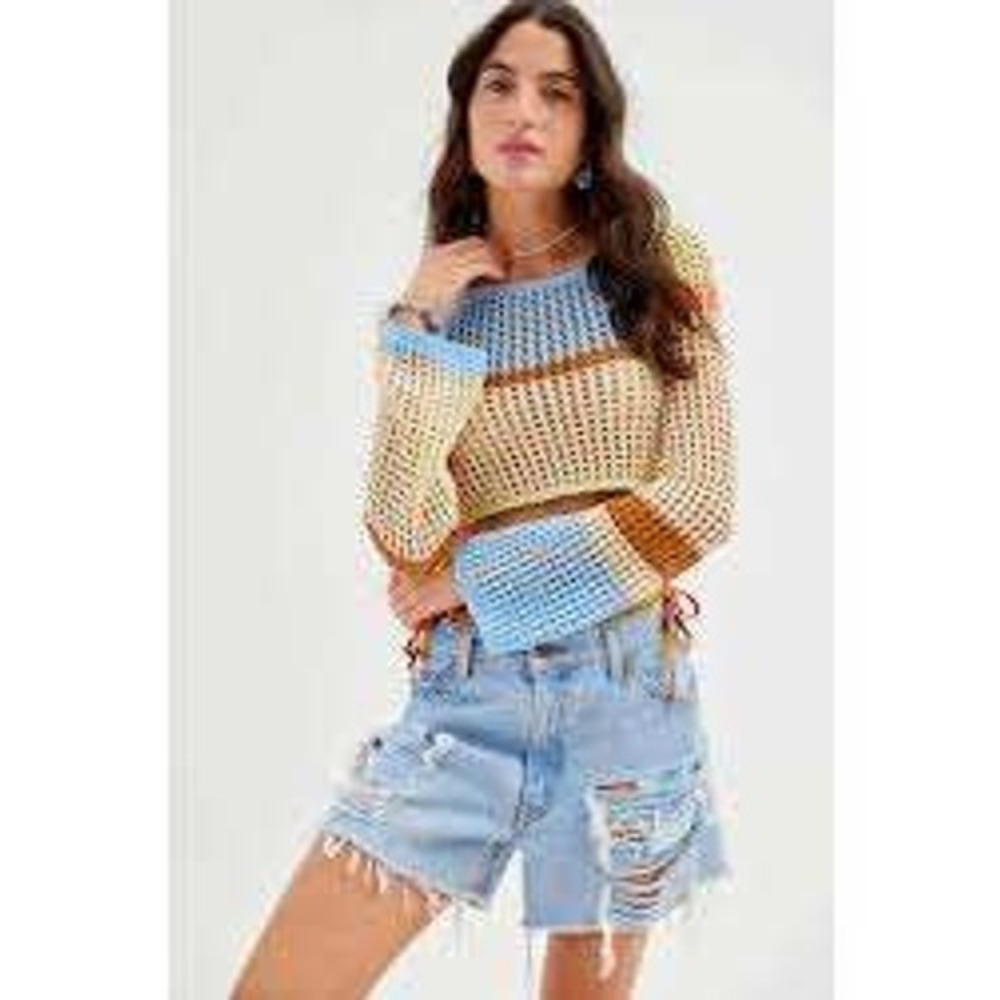 Urban Outfitters Multi Color Open Knit Crochet Crop Sweater Long Sleeve Small